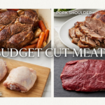Photo of the four budget meat cuts, chicken thigh, pork shoulder, flak steak, beef chuck