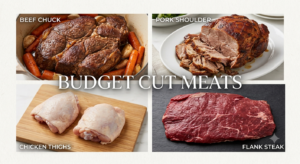 Photo of the four budget meat cuts, chicken thigh, pork shoulder, flak steak, beef chuck