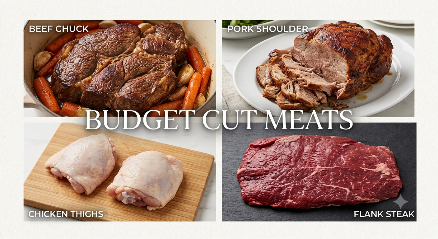 Photo of the four budget meat cuts, chicken thigh, pork shoulder, flak steak, beef chuck