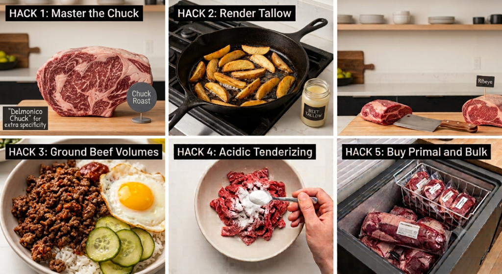 Chuck roast, tallow in a pan with potatoes, steak on a table, ground burger with egg and cucumbers on a plate. bulk meat in a freezer section.
